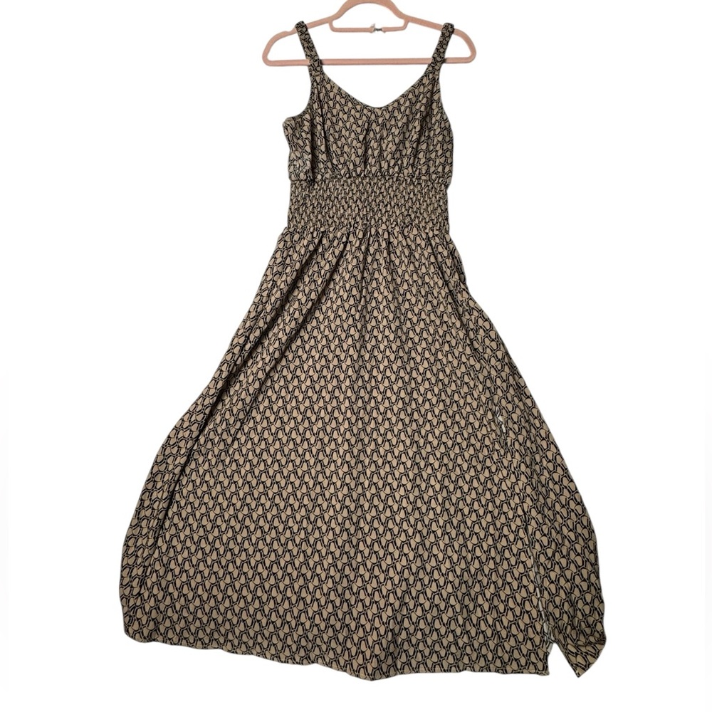 SHEIN Beige & Black Geometric Print Smocked‎ Maxi Dress - Size M
